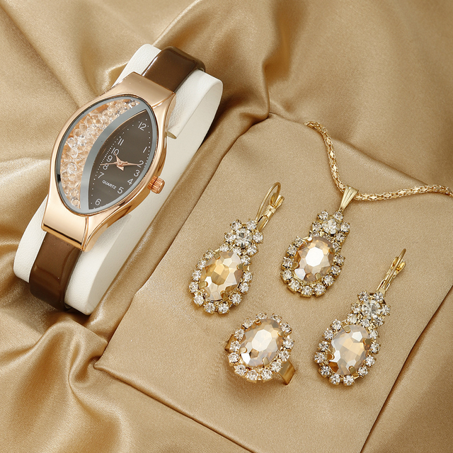 LP45 4PCS Set Women's Fashion Quartz Watches Oval Dial Luxury Woman Watch with Ladies Wristwatch Set with Necklace Ring Earring