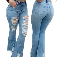 Women's Ripped Bell Bottom Jeans, Flare Jeans, Casual