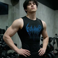Camiseta Deportiva sin Mangas para Hombre, Cuello Alto, Compresión, Estampado Gótico, Ajuste Delgado, Poliéster, para Gimnasio, Absorbe la Humedad