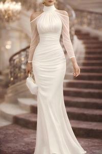 Women's Halter Neck Sexy Fashion Party Long Dress, New Elegant Tulle Off-Shoulder Long Sleeve Evening Gown - Product Image 6