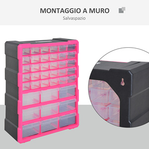 DURHAND-Cajonera de plástico para almacenamiento de piezas pequeñas con 39 cajones transparentes, montaje en pared o suelo 38x16x47,5 cm rosa - Product Image 5