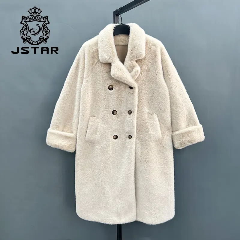 Jstar factory beige mid long length turn up sleeves suit collar pure color eco Faux mink Fur women's coat