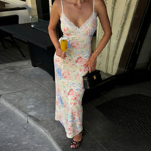 Vestido de punto vintage con encaje floral y patchwork, vestido camisero con cuello en V, vestido midi ajustado para mujer, vestido informal elegante de verano para vacaciones - Product Image 6