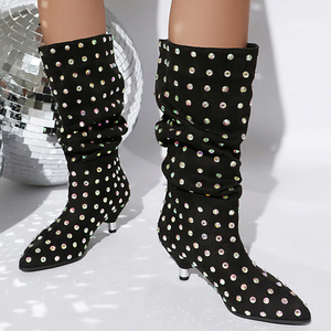 Big Size 46 Pleated Upper Mid Calf Boots Pointed Toe Suede Shoes Women Low Spike Heels Bling Rhinestone Half Knee High <b>Booties</b> - Product Image 3