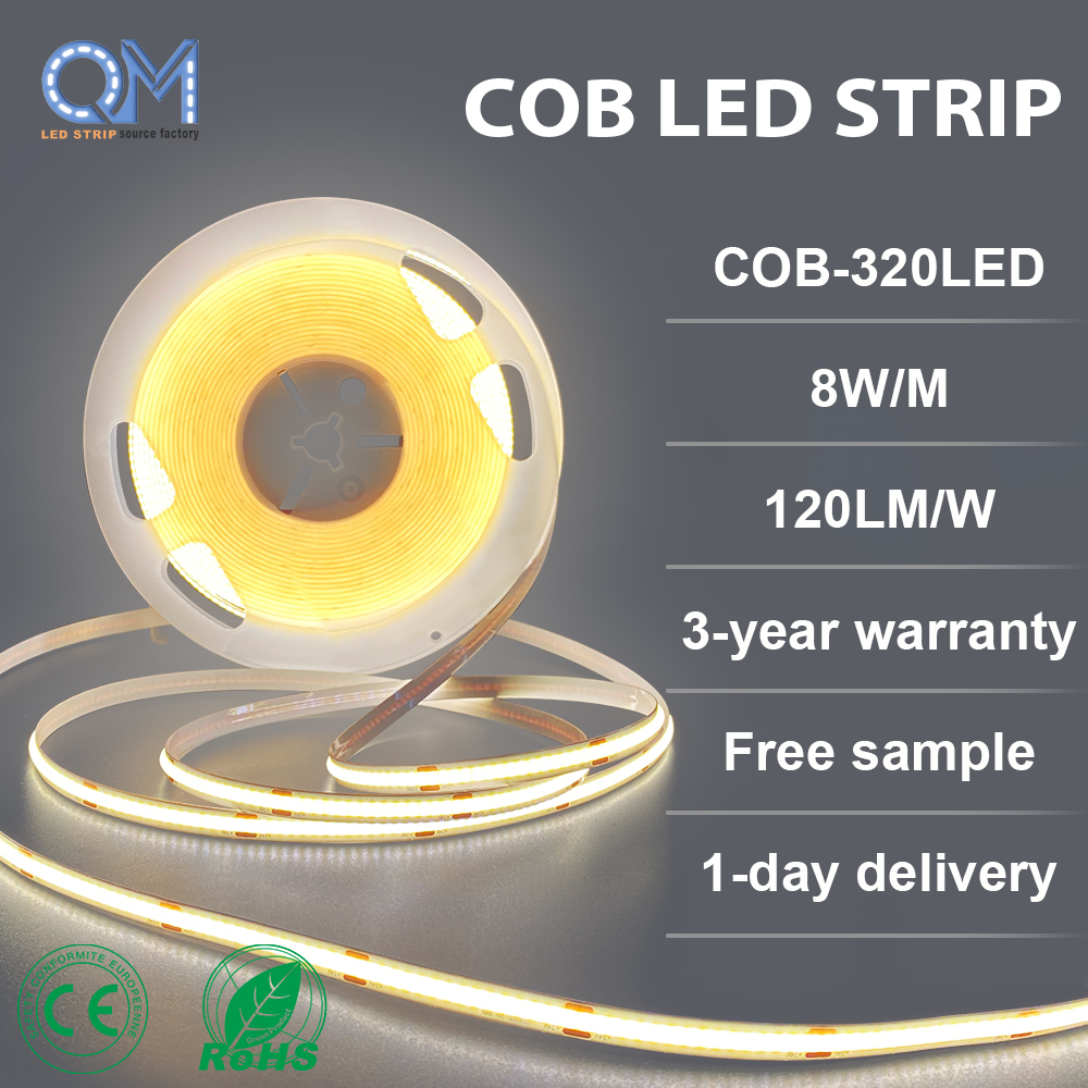 Hot Selling Customization Strip 320led COB Led Light 8mm Width Cri90 Flexible Dotless Warm White Hotel Room Ambient