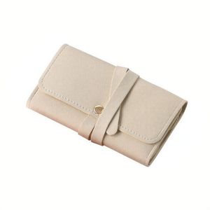 Microfiber Jewelry Organizer Bag Beige Elastic Closure Portable Travel Storage For Necklace Earring Ring Divider Roll Case - Product Image 3