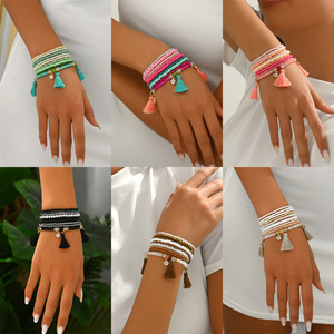 Fashion <b>Beaded</b> Bracelet <b>Set</b> Women's Tassel Geometric Design Multi Layered Jewelry Accessory for Casual Wear - Product Image 1
