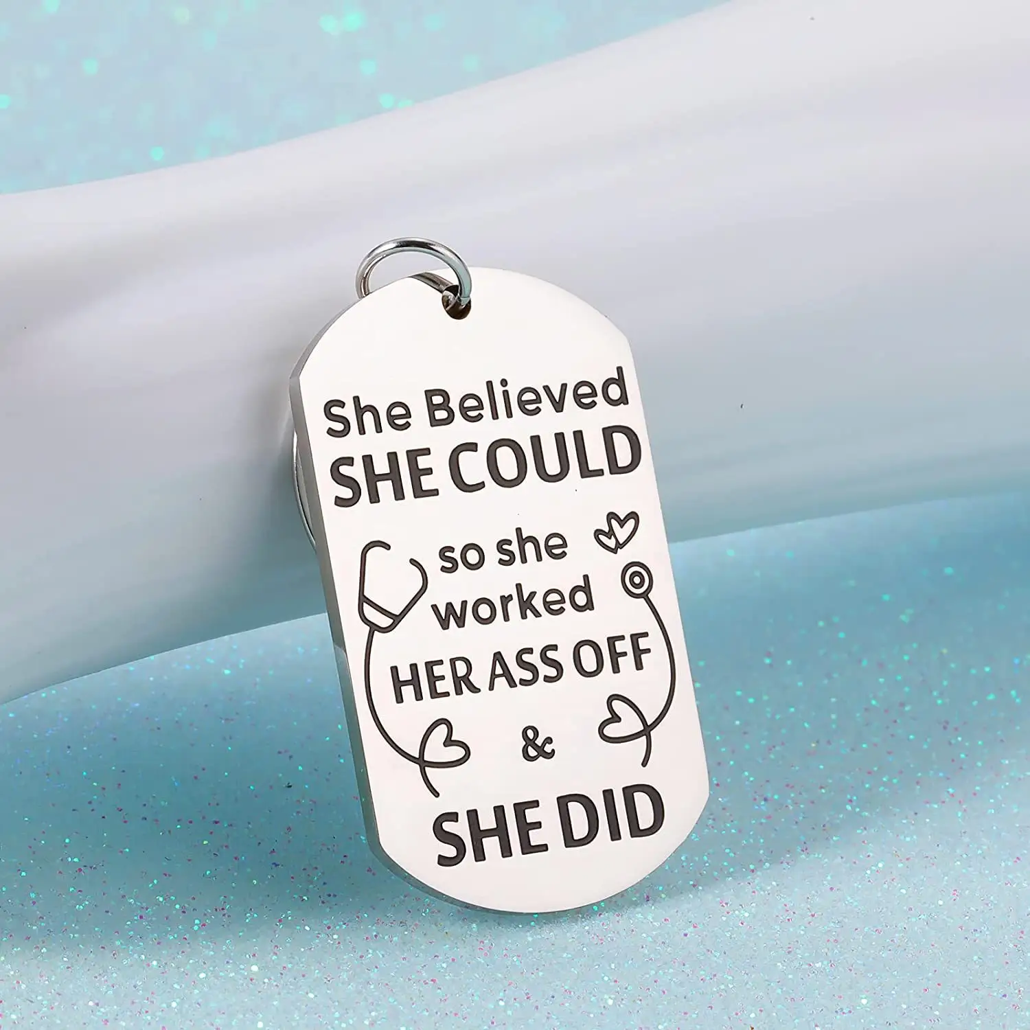 Customizable Metal Colleague Friends Family Gift Stainless Steel Keychain Keyring Hanging Ornament Letter She believed SHE COULD