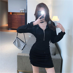 Hooded Sweatshirt Dress Black Coffee Color Bodycon Long Sleeve Zipper Front Women's Slim Fit Casual Dress - Product Image 3