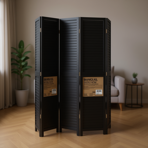 Separador de Habitaciones de Madera Maciza Banickail de 4 Paneles, Negro, Hecho a Mano, Elegante, Estructura Plegable - Product Image 2