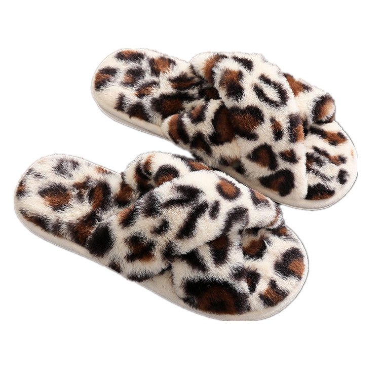 Sandal katun nyaman hangat untuk wanita, sandal selop rumah dalam ruangan motif macan tutul crossover mewah modis untuk wanita