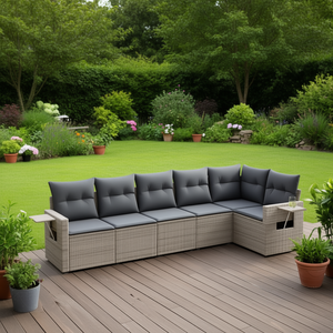 Pe Rattan Garden Sofa Set 6 Seater Outdoor Furniture Weather Resistant Contemporary Design Steel <b>Frame</b> <b>Grey</b> Cushions - Product Image 2