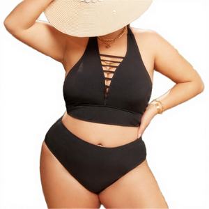 Maillot de bain taille haute uni en Spandex/Nylon 2023, bikini noir sexy pour femme, grande taille, 2 pièces, push-up devant, dos nu, licol, avec logo - Product Image 1