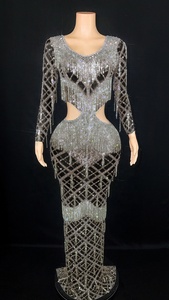 Vestido de baile feminino com borlas de diamante e strass, roupa de festa de noite personalizada sexy prateada - Product Image 4