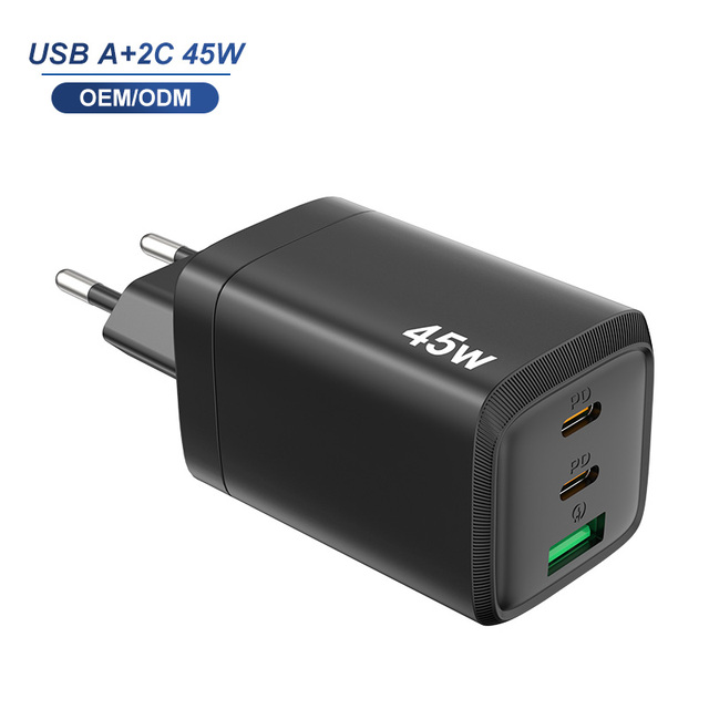 Travel Lightweight 45W Black Gan Laptop Charger UK EU US PD45W QC18W Type A+2C Ports Fast Charging Power Adapter for Home Office