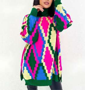 Fabricantes de prendas de punto personalizadas Mujeres Cuello de tortuga <span class=keywords><strong>Pixel</strong></span> Suéter Oversized Vintage Algodón Split Suéter de cuello alto para mujeres - Product Image 1