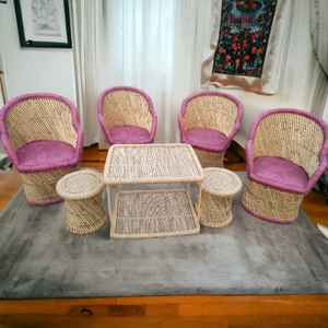 Royal Dining Table Designs with 4 Pink <b>Cushion</b> Rattan Chairs With Table for Dining Sitting Lounge Family TV Room Chair <b>Sets</b> - Product Image 3