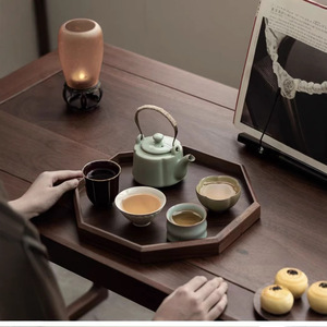 ถาดชาไม้แบล็ควอลนัททรงแปดเหลี่ยม ถาดเสิร์ฟไม้สำหรับใช้ในบ้าน - Product Image 2