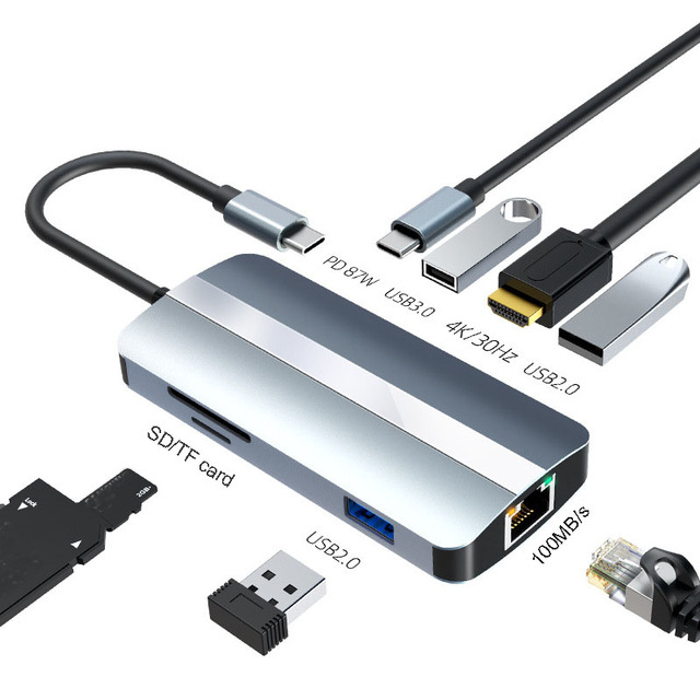 Cantell 8 in 1 Usb Hub Type c to 4K HDTV 30HZ USB3.0 Usb2.0 SD/TF Rj45 Lan 100mbps 100W PD HUB 8 Port Adapter OTG for Computer