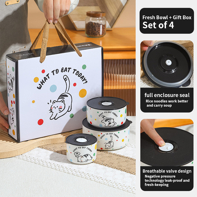 Juego de tres cuencos para conservar alimentos frescos para gatos (juego de caja de regalo)