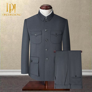 Costume de <span class=keywords><strong>mariage</strong></span> pour <span class=keywords><strong>homme</strong></span>, style Zhongshan Cheongsam, à simple boutonnage, col en V, fermeture éclair, tissu en laine peignée respirant, pantalon de costume d'affaires - Product Image 1