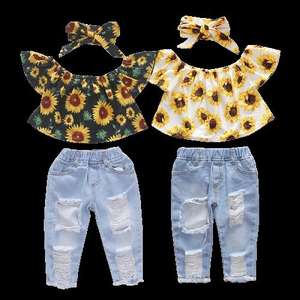 Conjunto de 3 piezas para niña, Top con estampado de girasoles y hombros descubiertos, pantalones vaqueros rasgados, diadema, trajes para niños pequeños, ropa de verano para niños, 2021 - Product Image 1