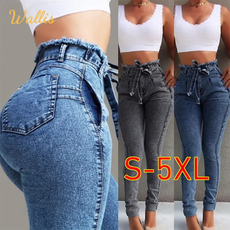 प्लस आकार के कपड़े 4XL 5XL स्लिम खिंचाव डेनिम जीन Bodycon लटकन बेल्ट पट्टी पतला धक्का जींस उच्च कमर जींस महिलाओं के लिए