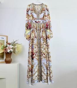 Abito <span class=keywords><strong>da</strong></span> <span class=keywords><strong>sera</strong></span> lungo in seta 100% 2025 stile autunnale <span class=keywords><strong>da</strong></span> donna Sexy con scollo a V stampe floreali <span class=keywords><strong>Vintage</strong></span> con perline a manica lunga Maxi abito evento - Product Image 1