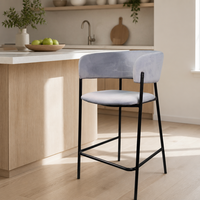 Tabouret de bar de 75 cm avec dossier haut rembourré en tissu, repose-pieds et structure en métal noir, fabriqué par le fabricant pour îlot de cuisine