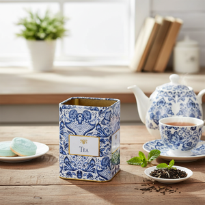 1L Slip <b>Lid</b> Square Metal Tin <b>Box</b> 90x90x125 mm Azulejo-Inspired Blue White <b>Decorative</b> Pattern Recyclable Food Grade for Beverage - Product Image 3