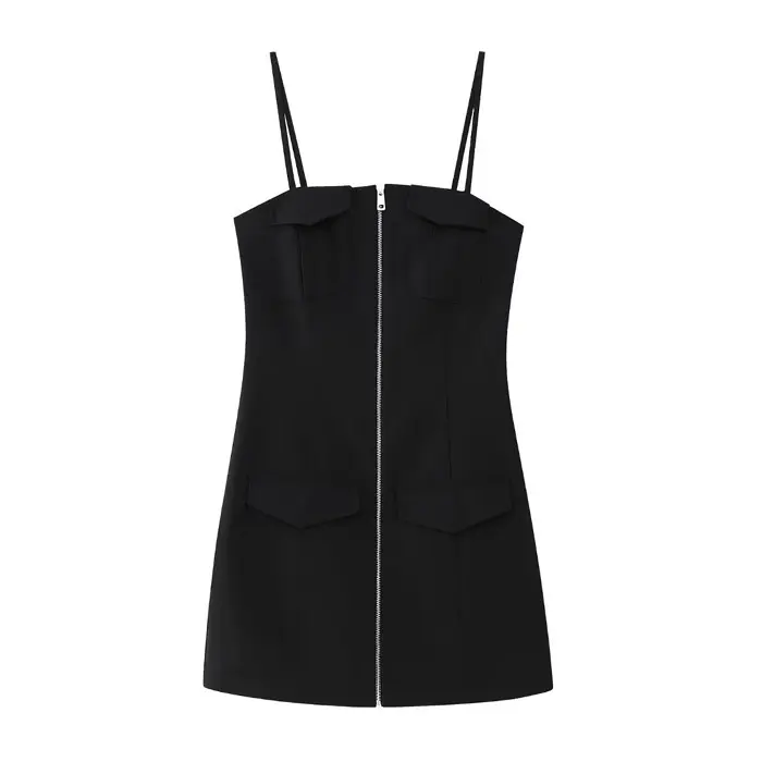 QZ3026 New 2023 Spring Fashion Black Dress Women Slim Waist Zipper Decorate Mini Dresses Clothing 1