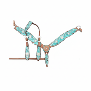 Juego de tachuelas de caballo pintadas con plumas turquesa, Conchos de cristal, placa de pecho, cuero genuino, artículos ligeros para caballos de temporada - Product Image 1