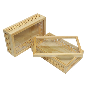 Scatola in Rattan con Coperchio in Vetro, Cesto Decorativo Intrecciato in Canna, Contenitore Quadrato Multiuso per Scaffali Domestici, Cassetta in <span class=keywords><strong>Legno</strong></span> - Product Image 3