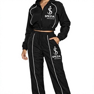Womens Black 2 Piece Sporty Tracksuit <b>Set</b> Full Sleeve Stand Collar <b>Knitted</b> Polyester Loose Fit All Seasons Wear - Product Image 1