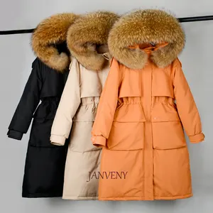 Janveny casaco de pluma de pato, novo inverno 2021, tamanho grande, feminino, slim, com faixas compridas, gola de pele natural real