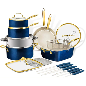 Ensemble de casseroles en céramique antiadhésives modernes, 13 pièces, avec couvercles en verre et finition bleue, pour cuisinières à gaz et à induction - Product Image 1