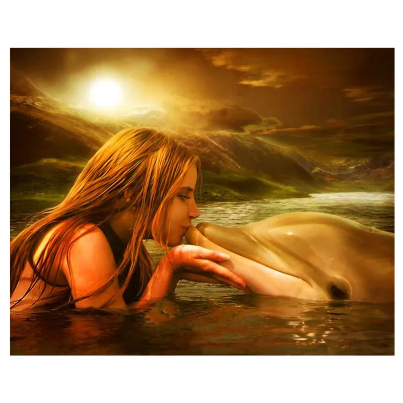 New 40x30 Diamond Painting Full Drill Portrait Wall Pictures Girl Kissing Dolphin 5d DIY Diamond Painting Kits