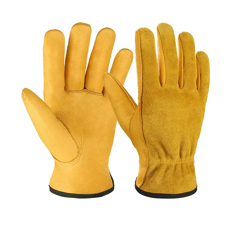 CNGDY Yellow Soft Cowhide Leather Outdoor work Hand Tools Gardening Reinforced Durable Hiking Camping Gloves