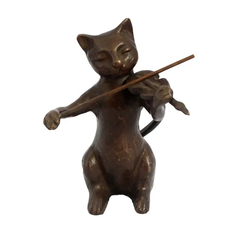 कास्ट कला और शिल्प कांस्य बिल्ली निभाता वायलिन मूर्तियां गहने घर की सजावट के लिए