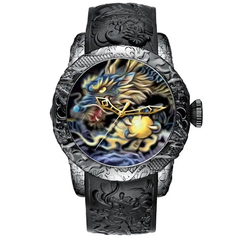 Reloj deportivo de cuarzo para hombre, cronógrafo de marca superior, resistente al agua, negro, con grabado 3D de dragón, Masculino