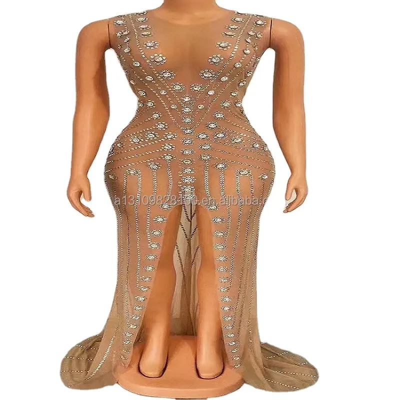 Sexy front split ball long dress crystal sequin deep V-neck annual meeting dress party