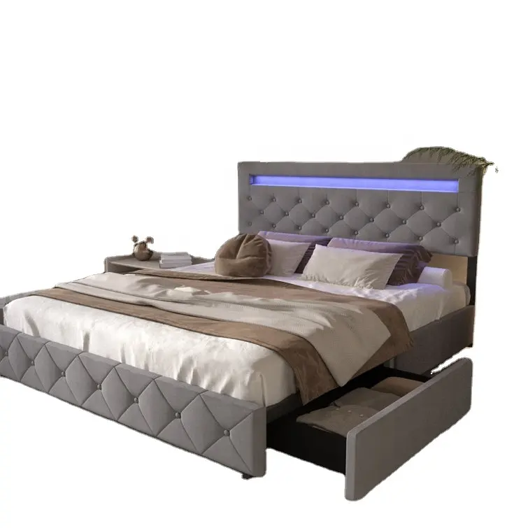 Tufted Buttons Headboard Queen Size Modern Design Bedroom Furniture Grey Fabric Bed Wooden Frame with LED Light