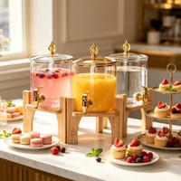 Carafe à eau et jus transparente en acier inoxydable avec support en bois, robinet doré à pression, écologique, grande capacité, usage commercial