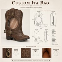 Sac Ita personnalisé en forme de botte de cowboy, en cuir PU vieilli marron selle, avec fenêtre transparente ronde, talon carré, sac à dos Kawaii