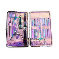Kit de manucure et pédicure professionnel portable en acier inoxydable à motif serpent iridescent, 16 pièces, fournitures pour la Saint-Valentin