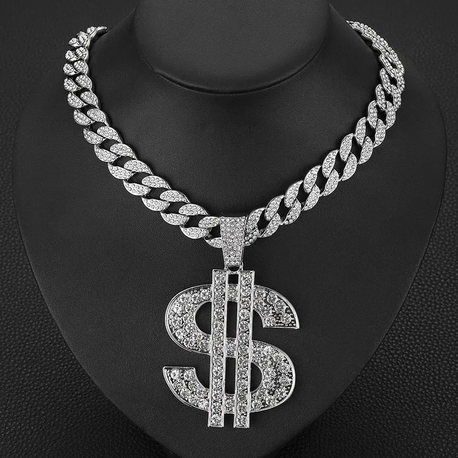Fashion Trendy Jewelry Iced out Hiphop Bling Alloy Big Dollar Charm Pendant with Tennis Chain Necklace
