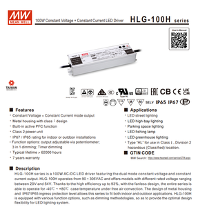 MEAN WELL HLG-100H-20A 100W 20V 4.8A CV‑CC LED Driver AC90‑305Vac IP65 Waterproof Adjustable Output Power Supply - Product Image 2