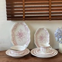 Service de table en céramique rond à motif végétal rétro français - Assiette, bol, tasse à café et soucoupe compatibles micro-ondes pour mariage/anniversaire