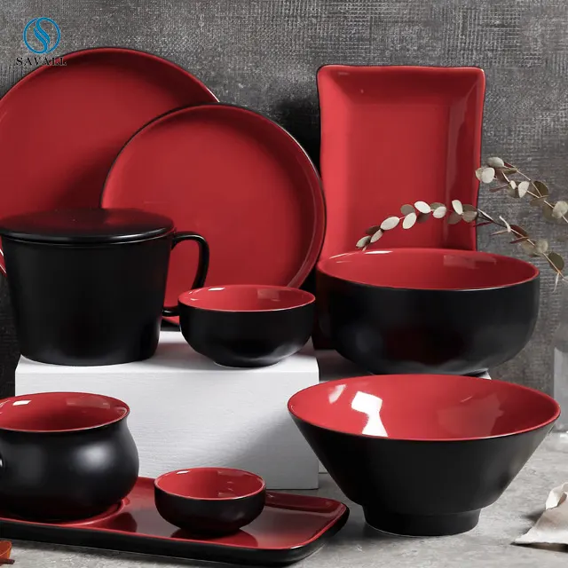 Savall HoReCa OEM-Conjunto de vajilla de porcelana, vajilla Vintage roja y negra redonda, vajilla china de hueso