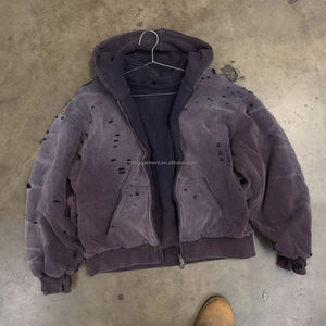 Sudadera con capucha térmica para hombre, estilo vintage, de algodón grueso y pesado, tejido gofrado, con efecto desgastado por el sol, corte holgado, doble capa, con cremallera. - Product Image 1